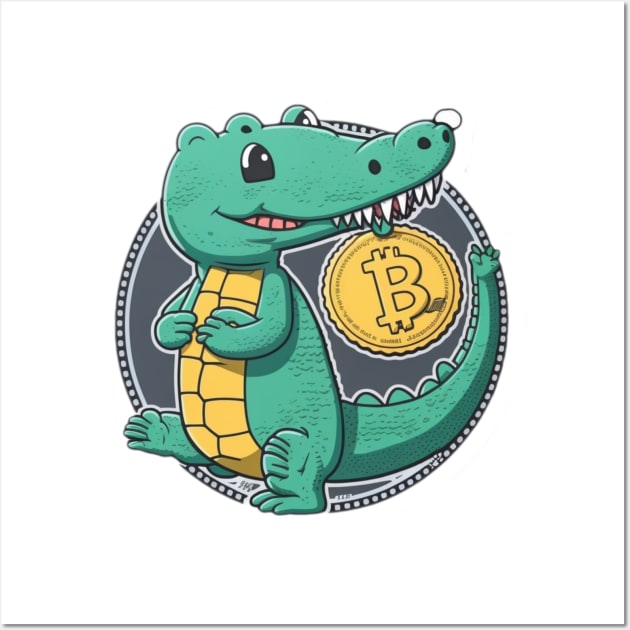 Cartoon Crocodile with a Bitcoin Coin - A Must-Have for Cryptocurrency Fans! Wall Art by DesginsDone